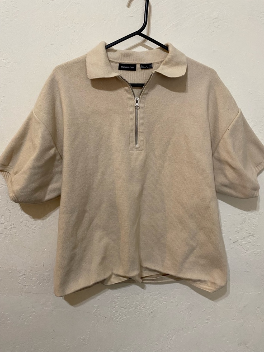 Standard Cloth Beige Knit Polo Zip Top Heavyweight Boxy Cropped Minimal
